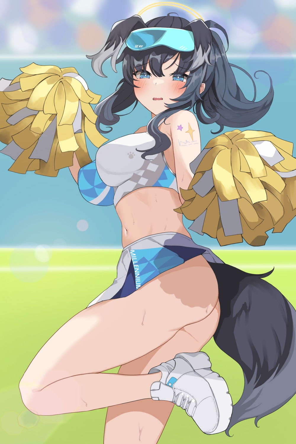 alien_adviser animal_ears ass blue_archive cheerleader halo inumimi nekozuka_hibiki nopan skirt_lift tail tattoo