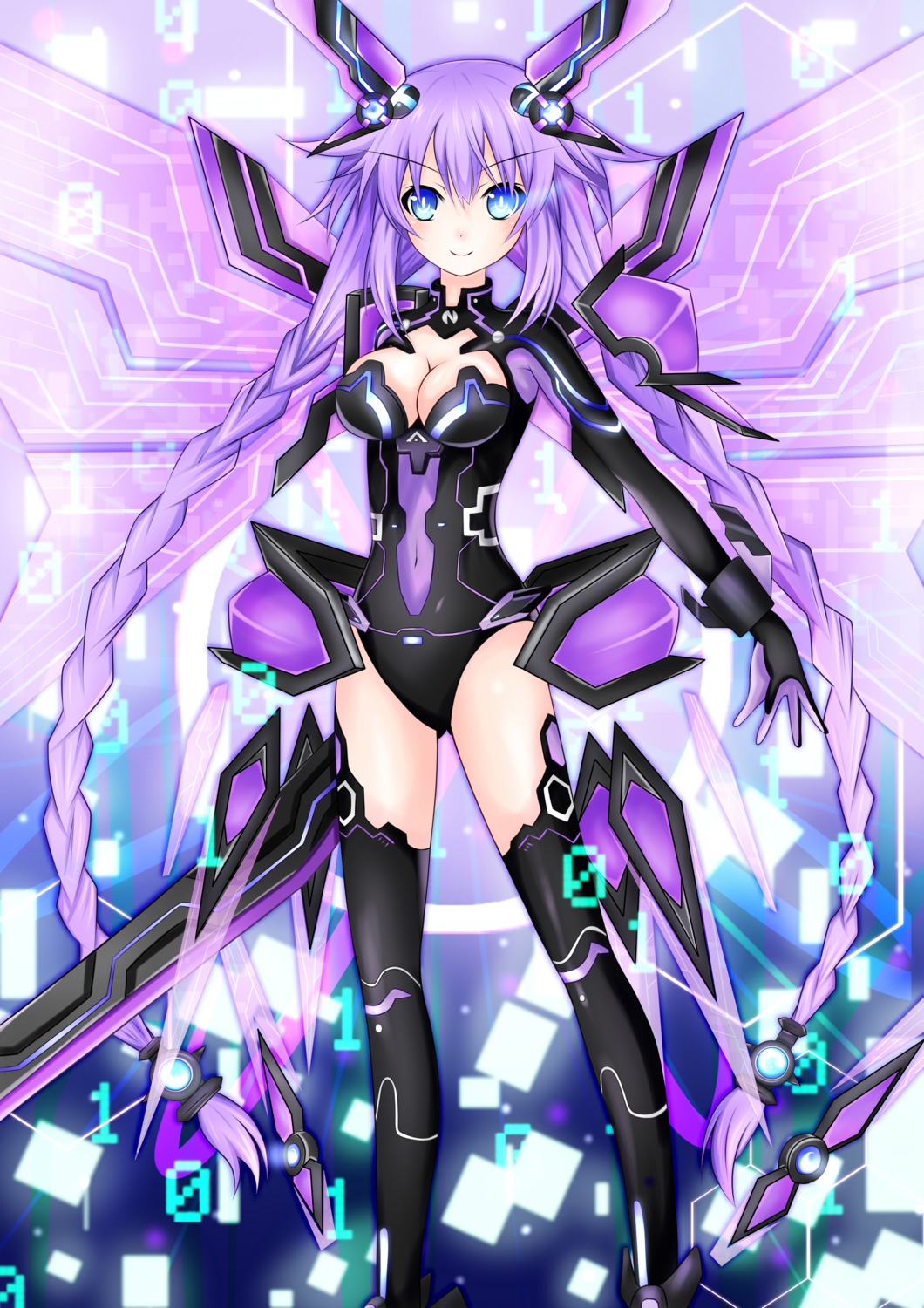 bodysuit choujigen_game_neptune cleavage kishimen purple_heart sword wings