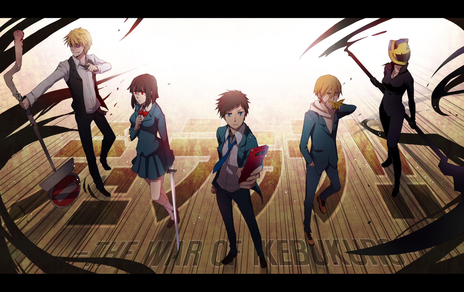 celty_sturluson durarara!! heiwajima_shizuo kida_masaomi megane mir ryuugamine_mikado seifuku sonohara_anri sword