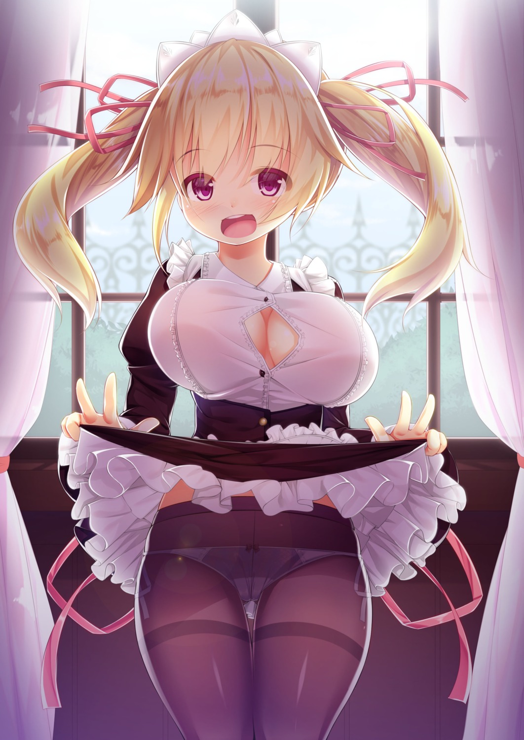 cameltoe cleavage kur maid no_bra open_shirt pantsu pantyhose skirt_lift string_panties