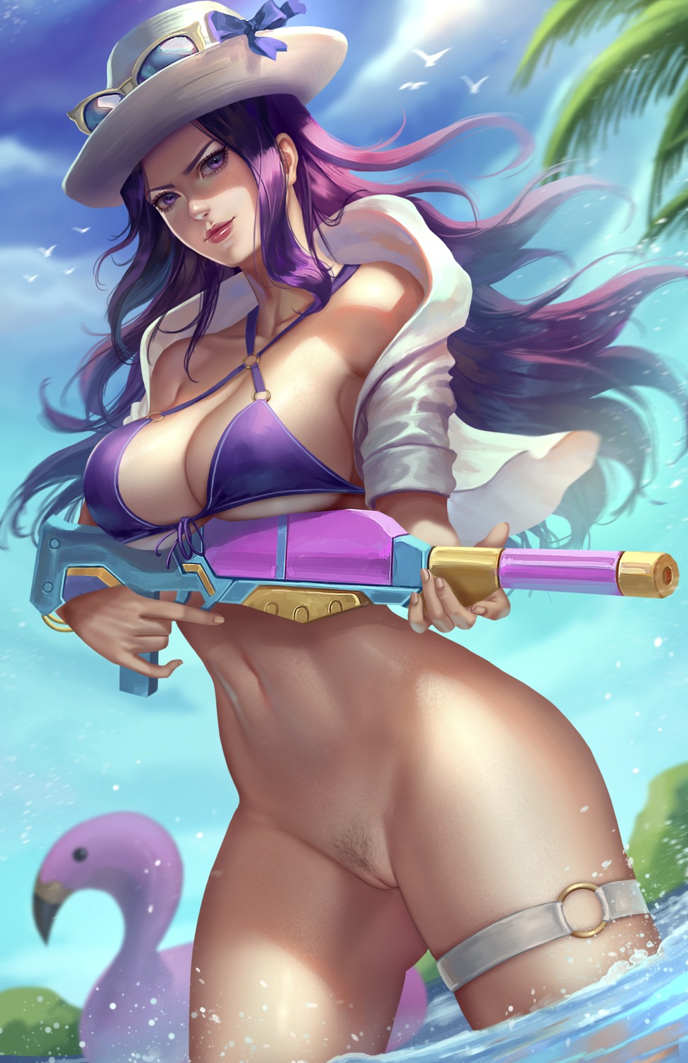 bikini_top caitlyn erect_nipples garter gun league_of_legends megane nopeys open_shirt pubic_hair pussy swimsuits uncensored wet