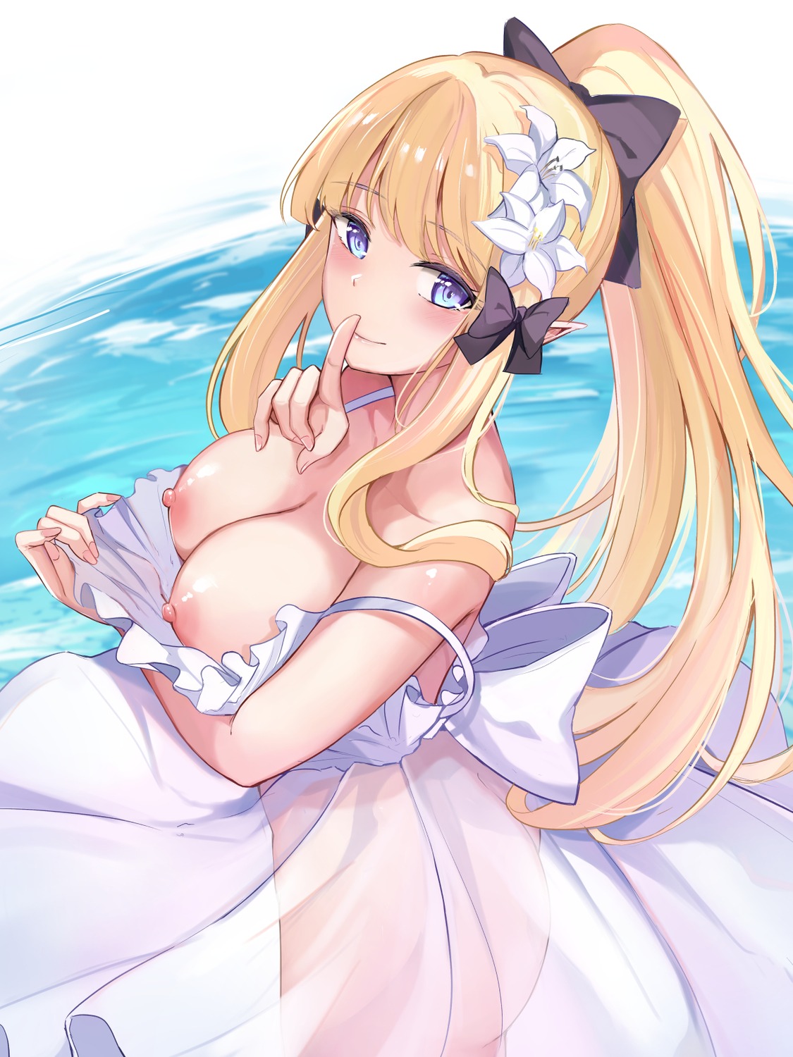 breasts dress nipples no_bra nopan princess_connect! princess_connect!_re:dive sasaki_saren see_through summer_dress tailam undressing