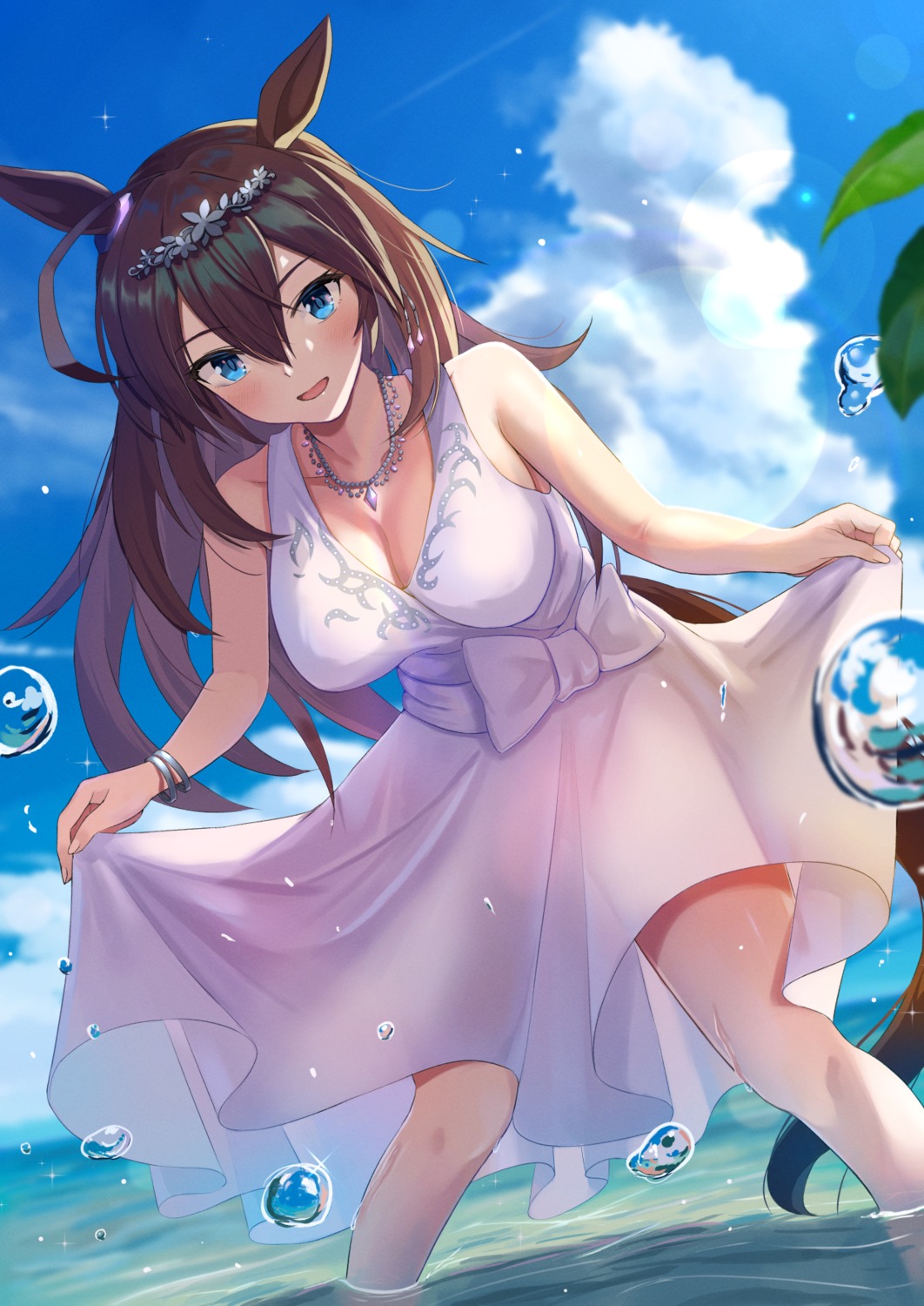 animal_ears cleavage dress may9 mihono_bourbon_(umamusume) see_through skirt_lift summer_dress tail uma_musume_pretty_derby wet