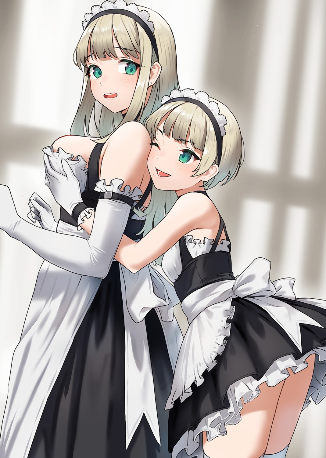 breast_hold doushimasho maid no_bra skirt_lift thighhighs yuri