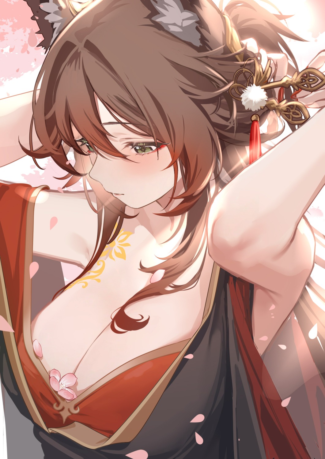 animal_ears clouble honkai:_star_rail japanese_clothes no_bra tattoo tingyun