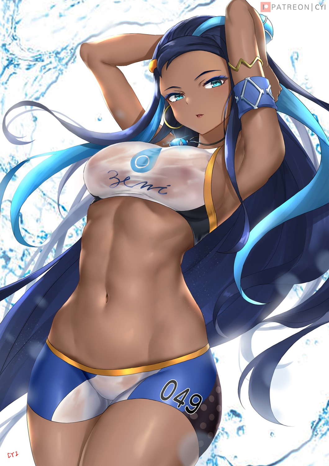 areola bike_shorts cyicheng pokemon pokemon_swsh rurina_(pokemon) see_through wet_clothes