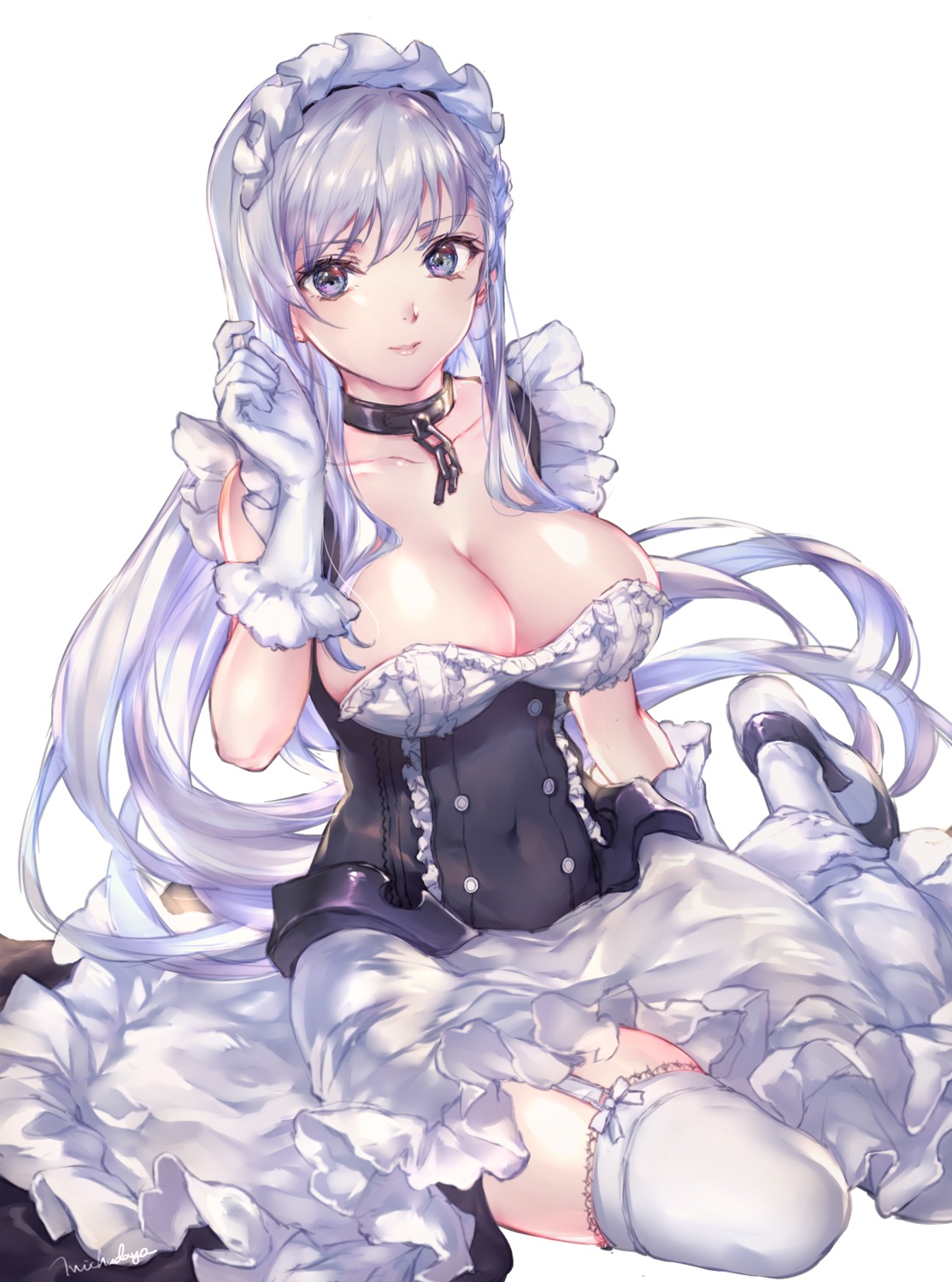 azur_lane belfast_(azur_lane) cleavage maid michudx stockings thighhighs