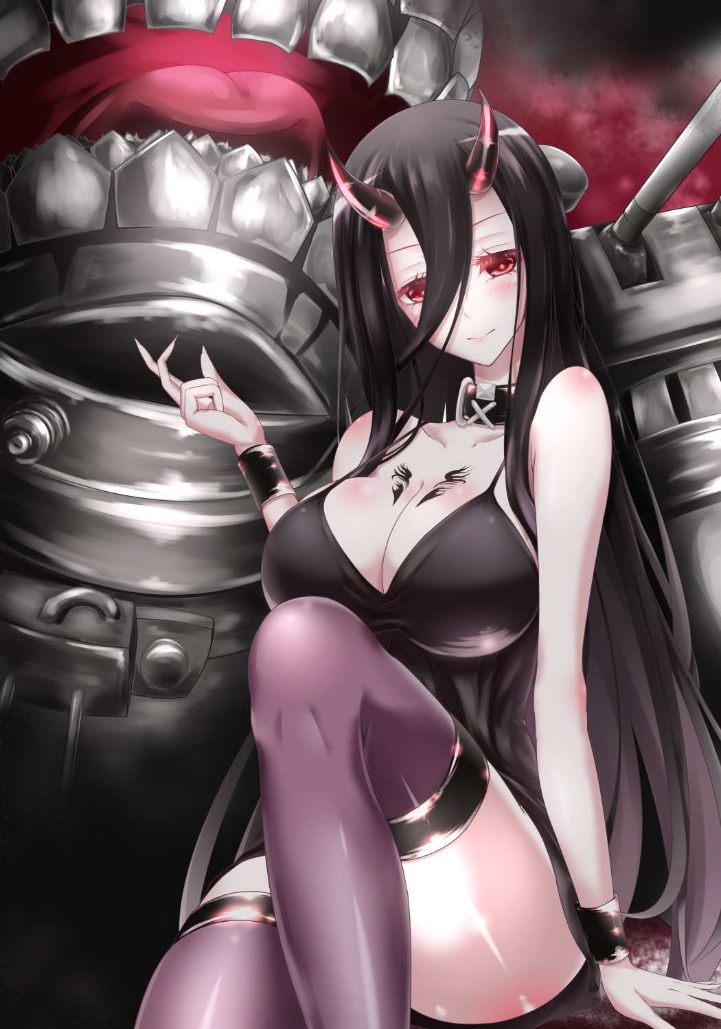 battleship-symbiotic_hime cleavage dress horns kantai_collection shiroshimu stockings tattoo thighhighs