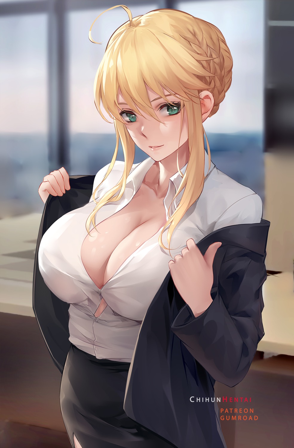 artoria_pendragon_(lancer) business_suit chihunhentai cleavage fate/grand_order no_bra open_shirt undressing