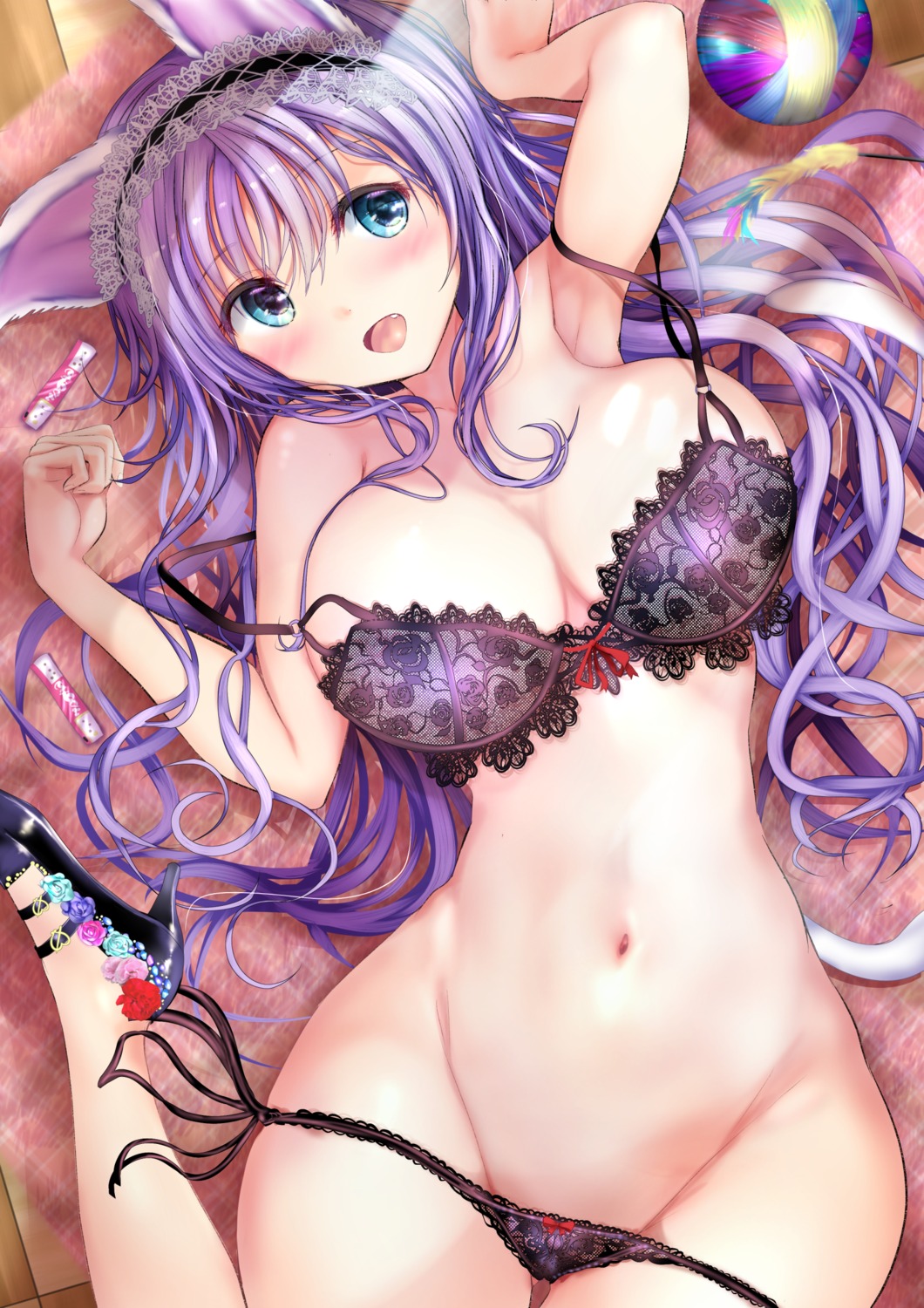 animal_ears bra heels lingerie ogata_tei pantsu panty_pull string_panties