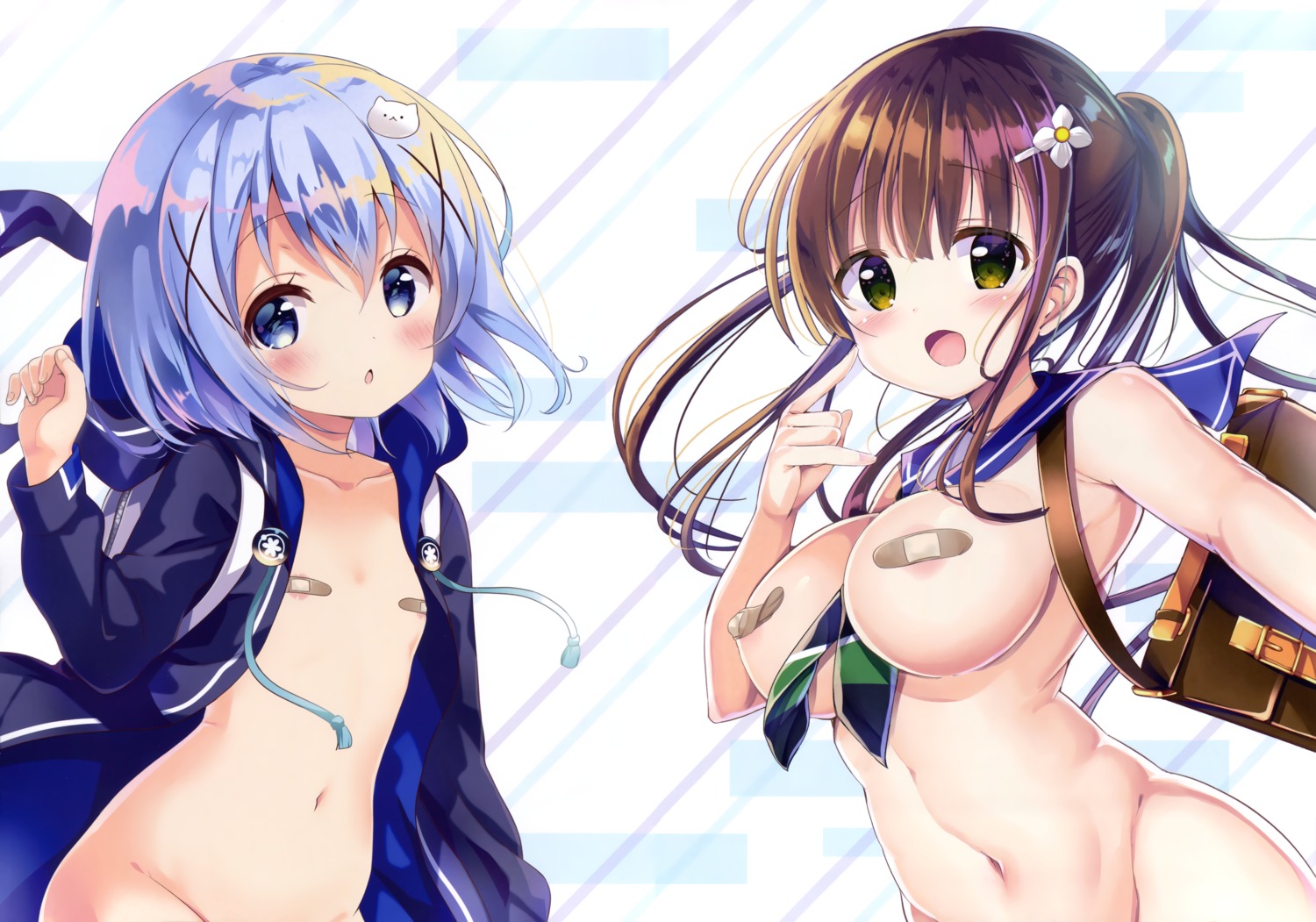 bandaid gochuumon_wa_usagi_desu_ka? kafuu_chino kurou_(quadruple_zero) loli no_bra nopan open_shirt pasties seifuku ujimatsu_chiya