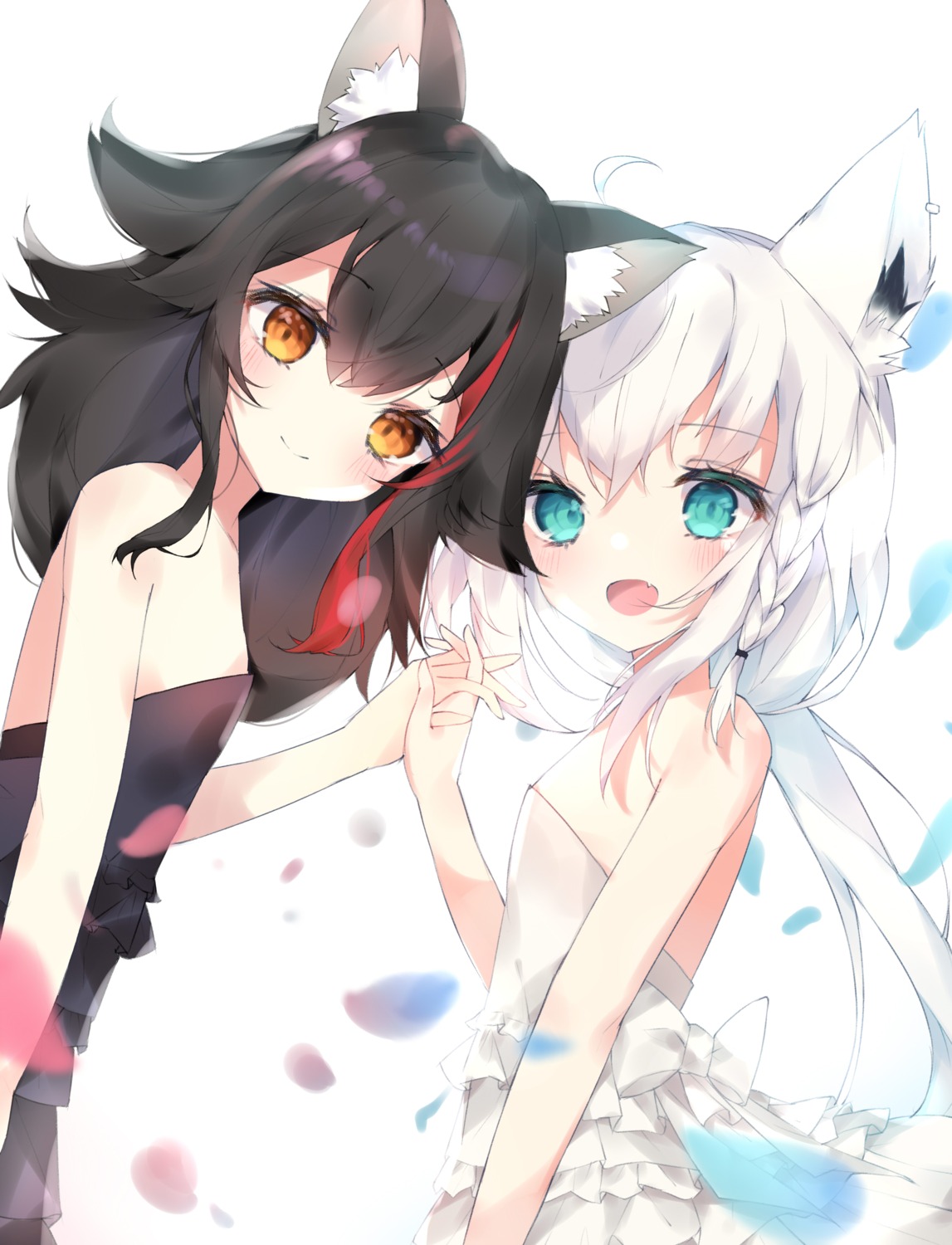 animal_ears dress hololive hololive_gamers kitsune no_bra ookami_mio shigureszku shirakami_fubuki