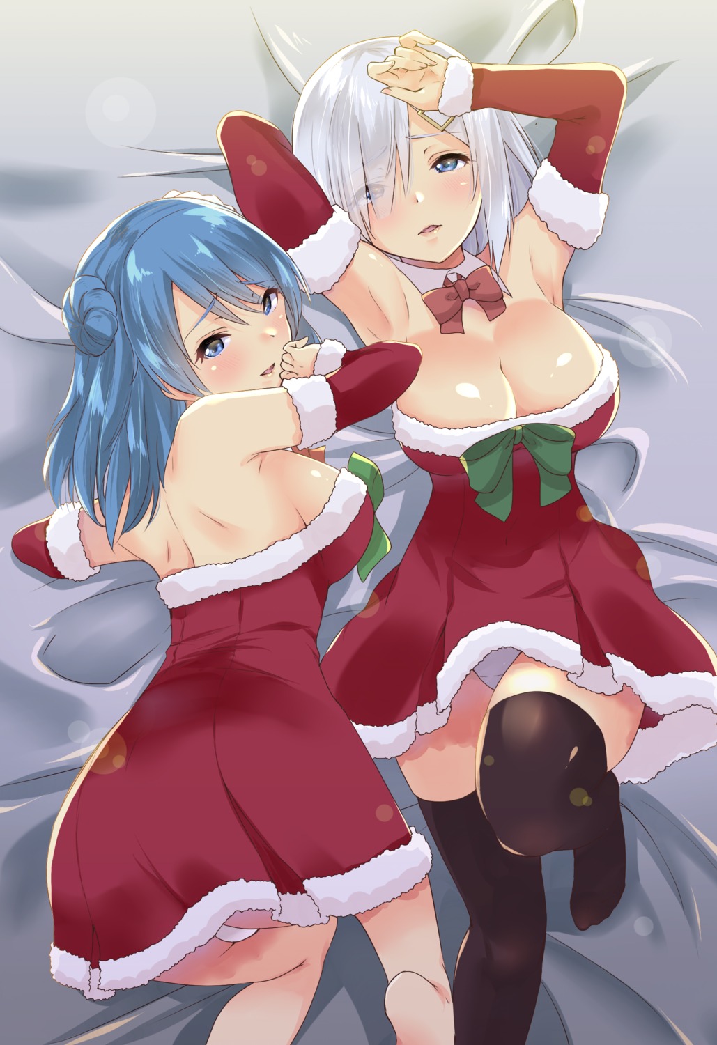 christmas cleavage dress hamakaze_(kancolle) kantai_collection pantsu sarfata thighhighs urakaze_(kancolle)