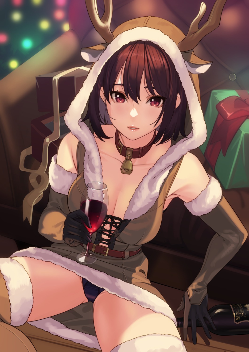 animal_ears christmas cleavage dress horns no_bra pantsu skirt_lift thighhighs