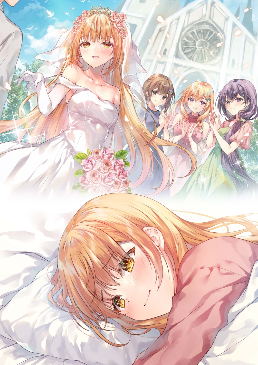 dress hirano_yuri konohana_hinako miwabe_sakura miyakojima_narika no_bra pajama saijo_no_osewa sheets tennouji_mirei wedding_dress