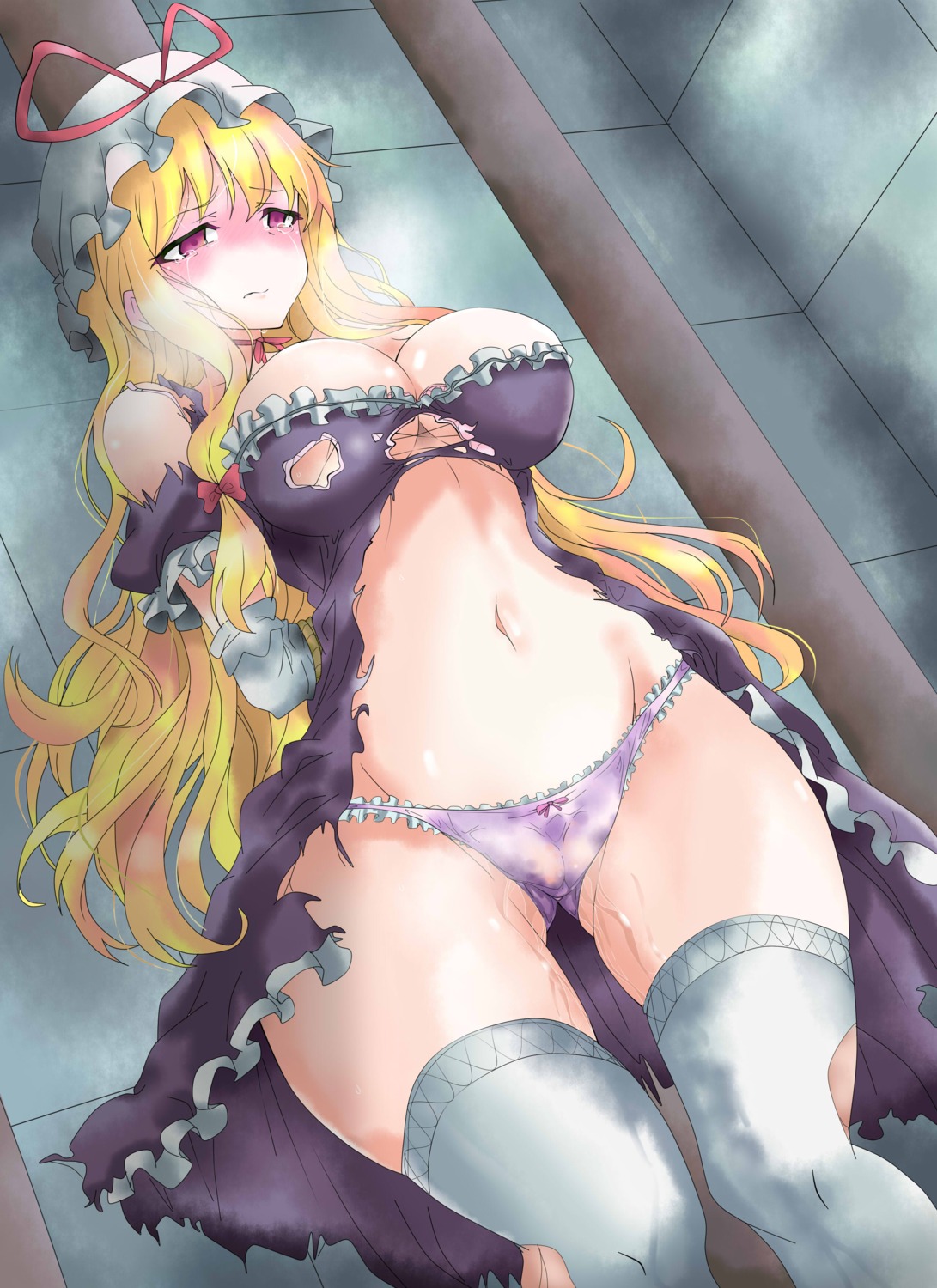 cameltoe cleavage dress nichibotsu no_bra pantsu pussy_juice thighhighs torn_clothes touhou