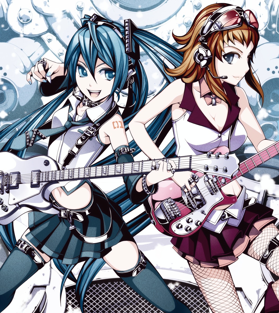 cleavage fishnets guitar gumi hatsune_miku thighhighs torigoe_takumi vocaloid