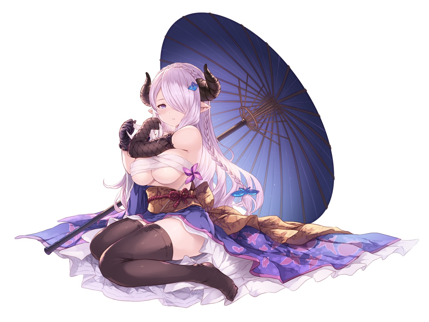 cait granblue_fantasy horns narumeia_(granblue_fantasy) pointy_ears sarashi thighhighs umbrella underboob