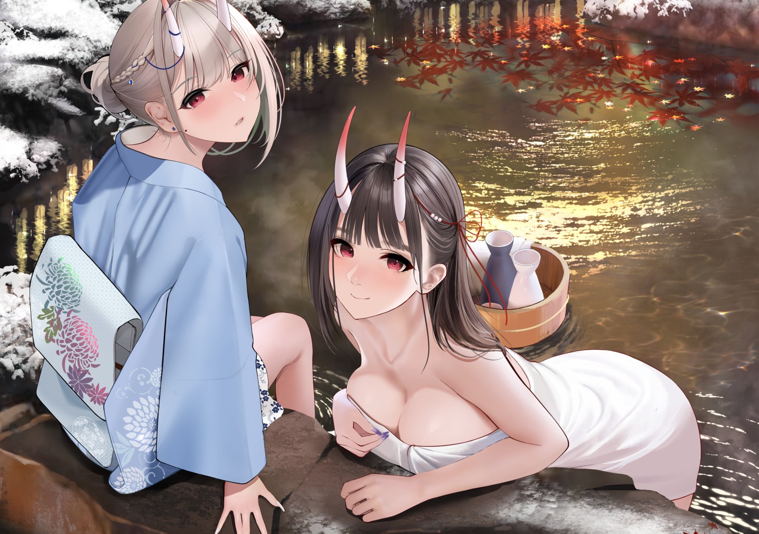 breast_hold horns japanese_clothes muka_tsuku onsen sake towel wet