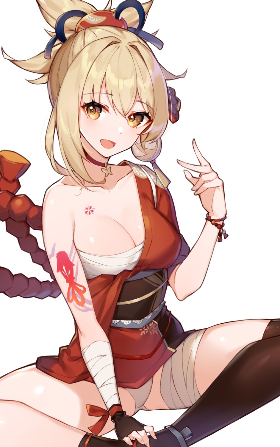 bandages genshin_impact japanese_clothes pantsu rikoma sarashi tattoo thighhighs yoimiya