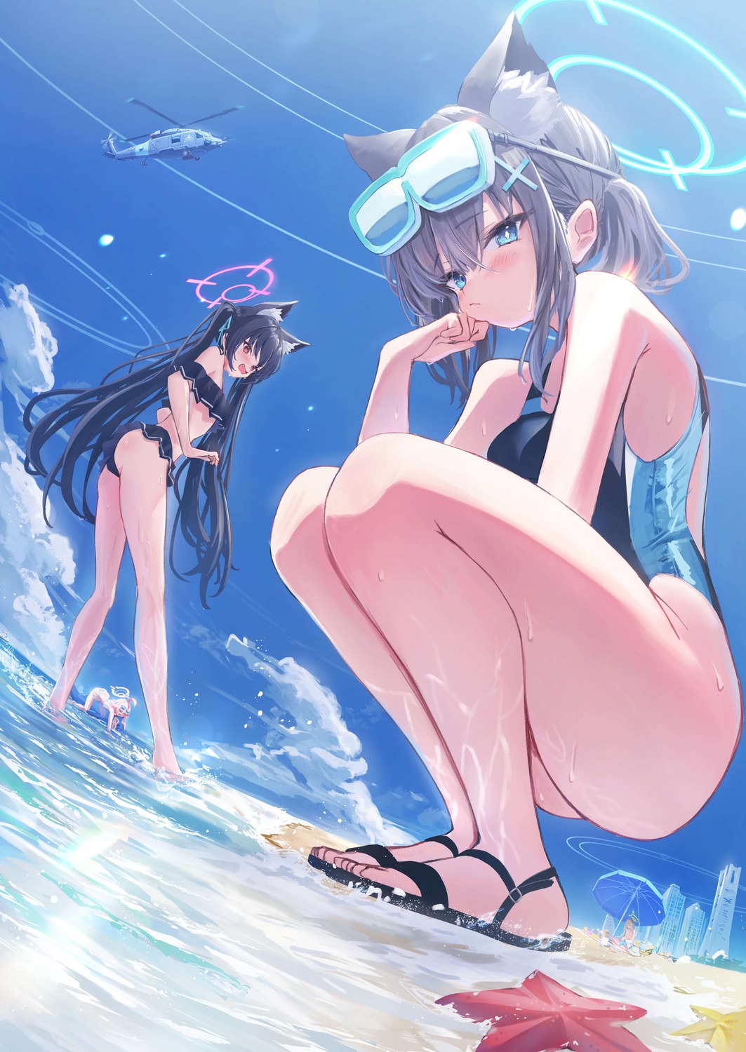 animal_ears bikini blue_archive halo higashigure izayoi_nonomi kuromi_serika nekomimi sunaookami_shiroko swimsuits takanashi_hoshino