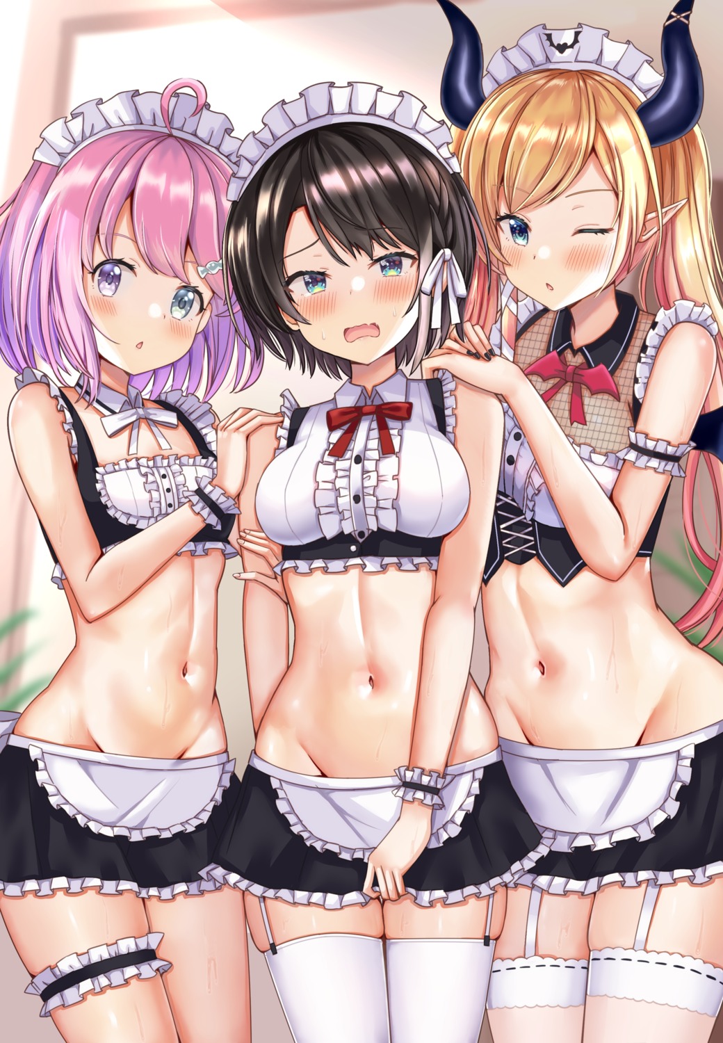 fishnets garter heterochromia himemori_luna hololive horns maid nootomo oozora_subaru pointy_ears see_through stockings thighhighs yuzuki_choco