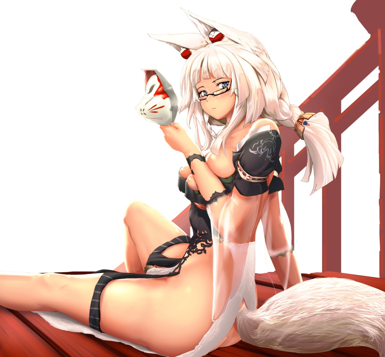 animal_ears ass japanese_clothes kitsune megane no_bra nopan pekoneko_(necosupiritu) see_through tail