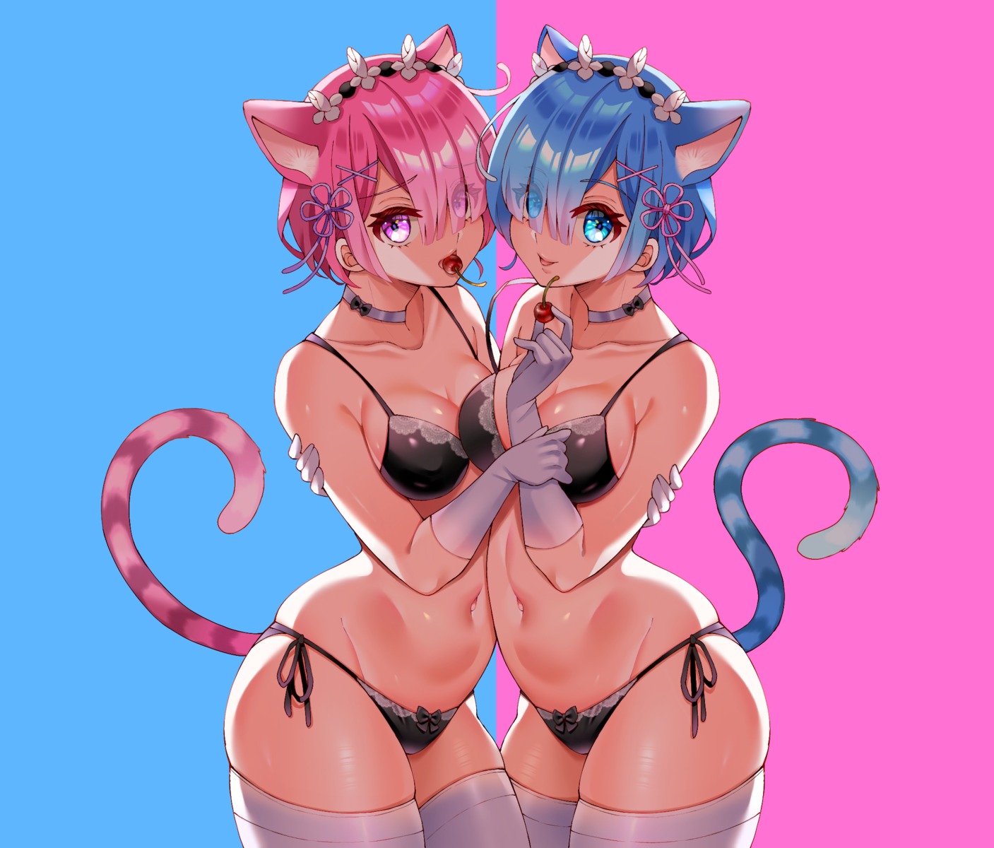 animal_ears bra cleavage nekomimi pantsu ram_(re_zero) re_zero_kara_hajimeru_isekai_seikatsu rem_(re_zero) string_panties tail tairakazuyoshi thighhighs