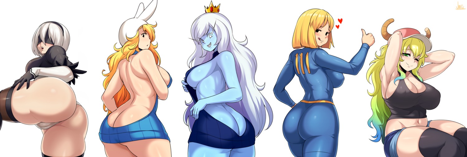 adventure_time ass bodysuit cameltoe crossover fallout fallout_4 fionna_(adventure_time) horns ice_queen_(adventure_time) jmg kobayashi-san_chi_no_maidragon leotard nier nier_automata no_bra quetzalcoatl_(maidragon) sweater thighhighs vault_girl yorha_no.2_type_b