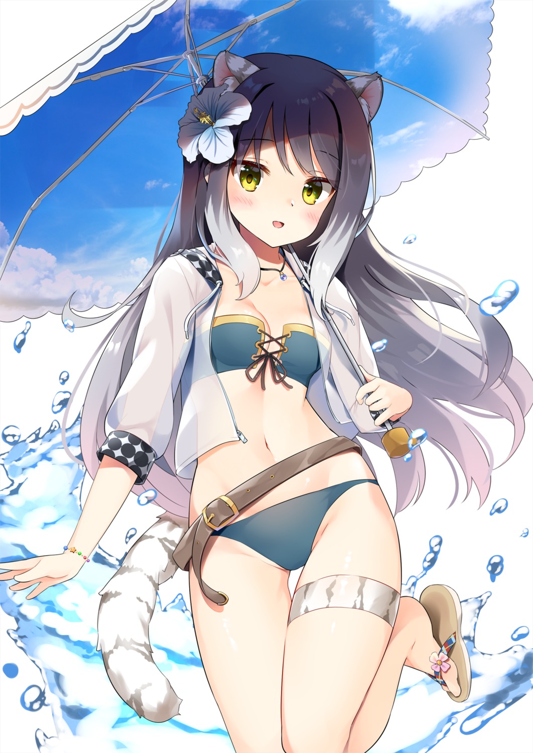 animal_ears bikini cleavage garter kashiwazaki_shiori kutata nekomimi open_shirt princess_connect! princess_connect!_re:dive see_through swimsuits tail umbrella