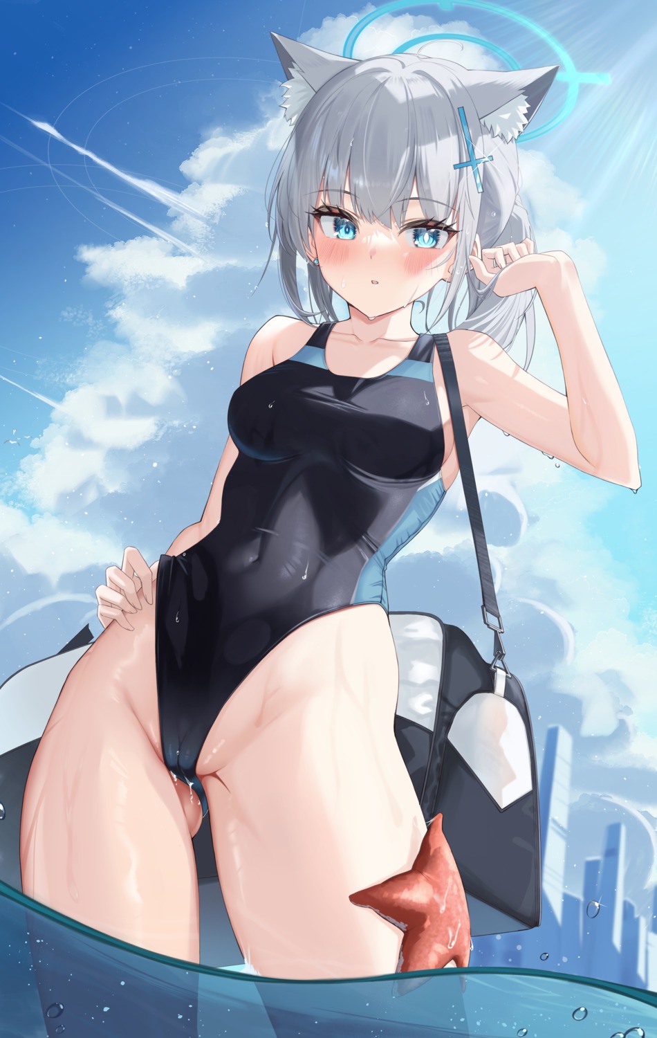 animal_ears blue_archive cameltoe halo nekomimi simito sunaookami_shiroko swimsuits wet