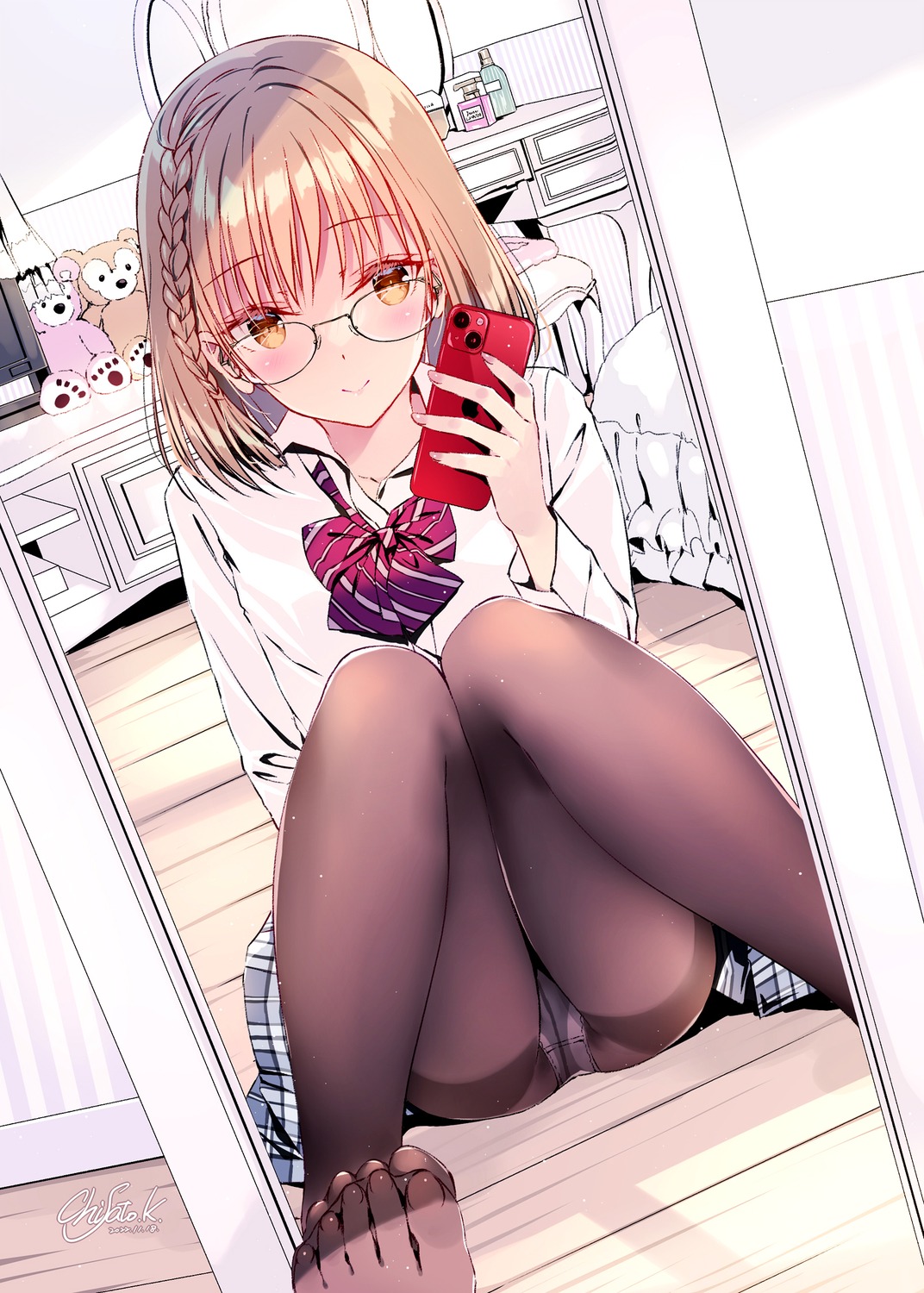 kobayashi_chisato megane pantsu pantyhose seifuku selfie shishunki_complex skirt_lift