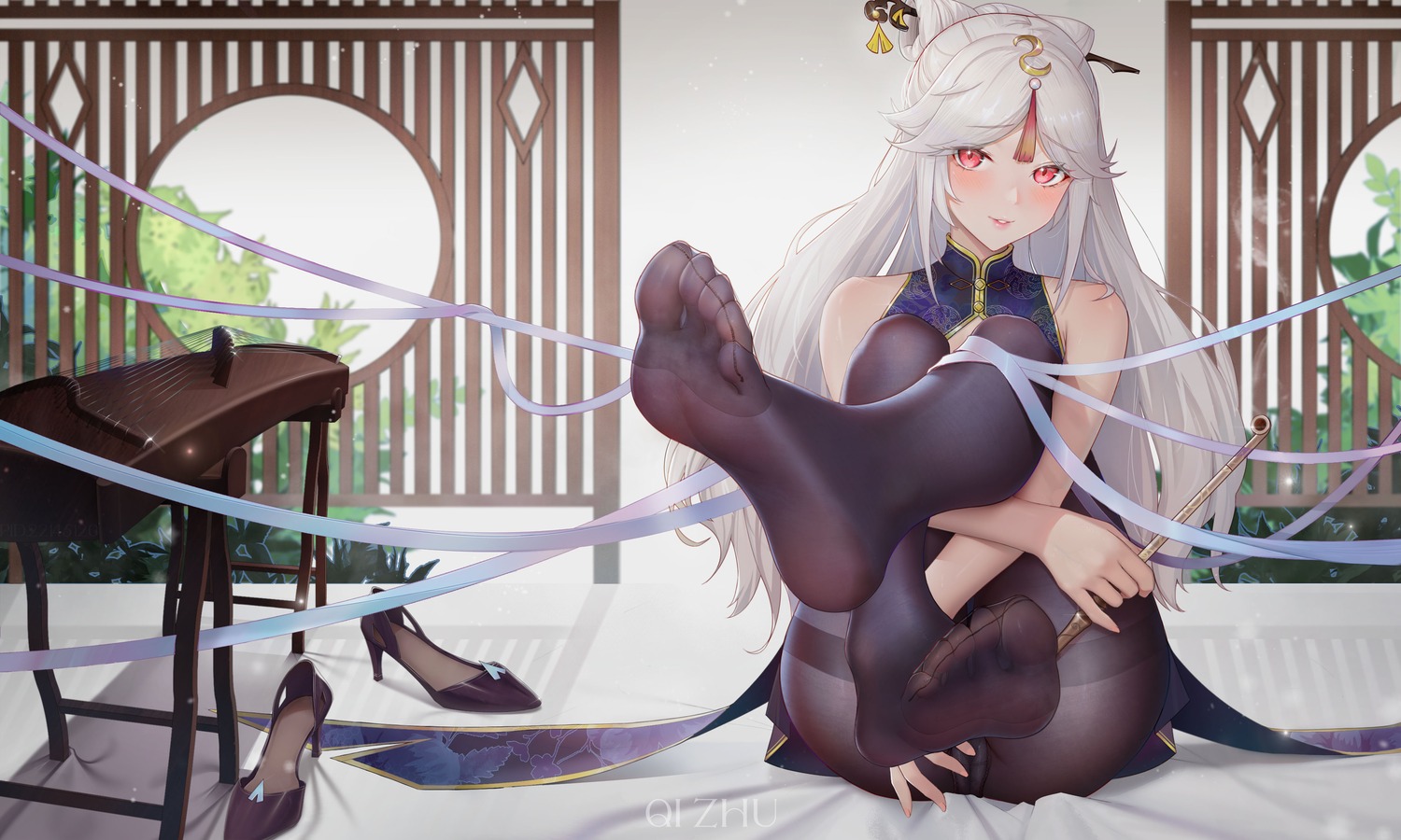 asian_clothes cameltoe feet genshin_impact ningguang official_watermark pantsu pantyhose qizhu skirt_lift