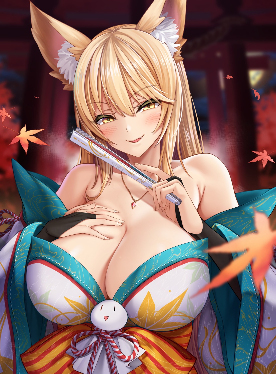 animal_ears japanese_clothes kitsune no_bra oni-noboru