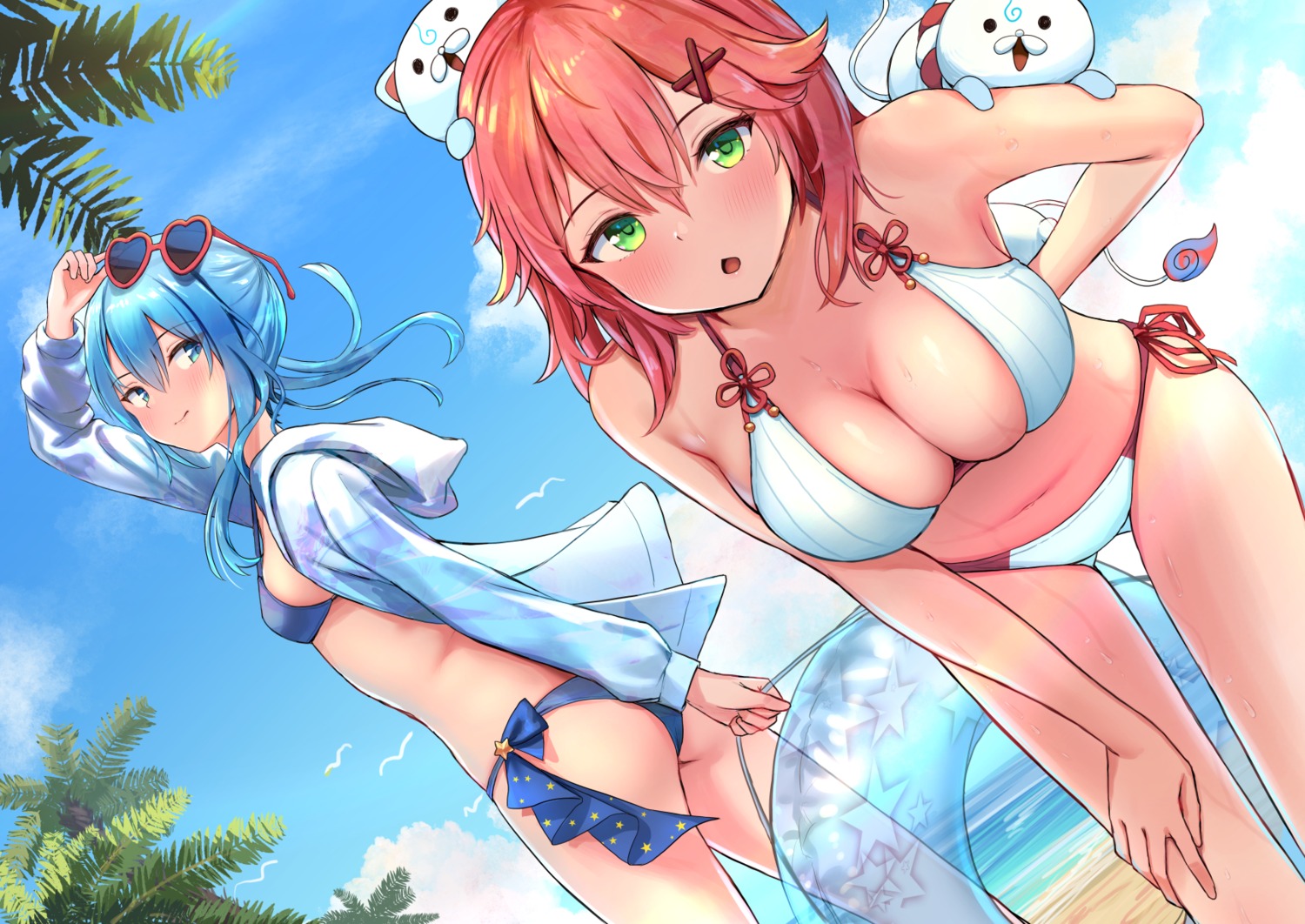 ass bikini hololive hoshimachi_suisei megane open_shirt roke_(taikodon) sakura_miko swimsuits thong