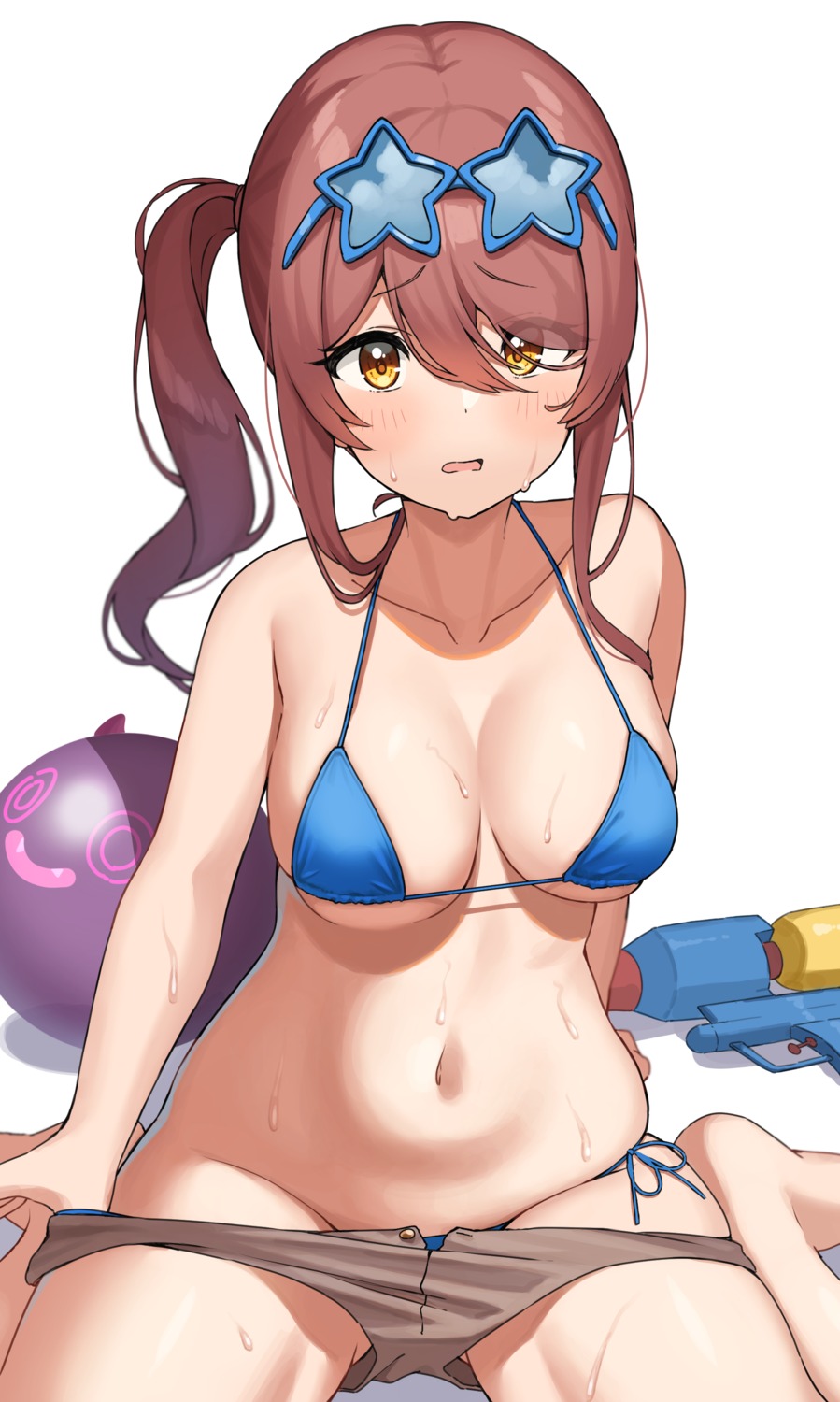 bikini gun megane oosaki_tenka panty_pull swimsuits the_idolm@ster the_idolm@ster_shiny_colors undressing wanimaru wet