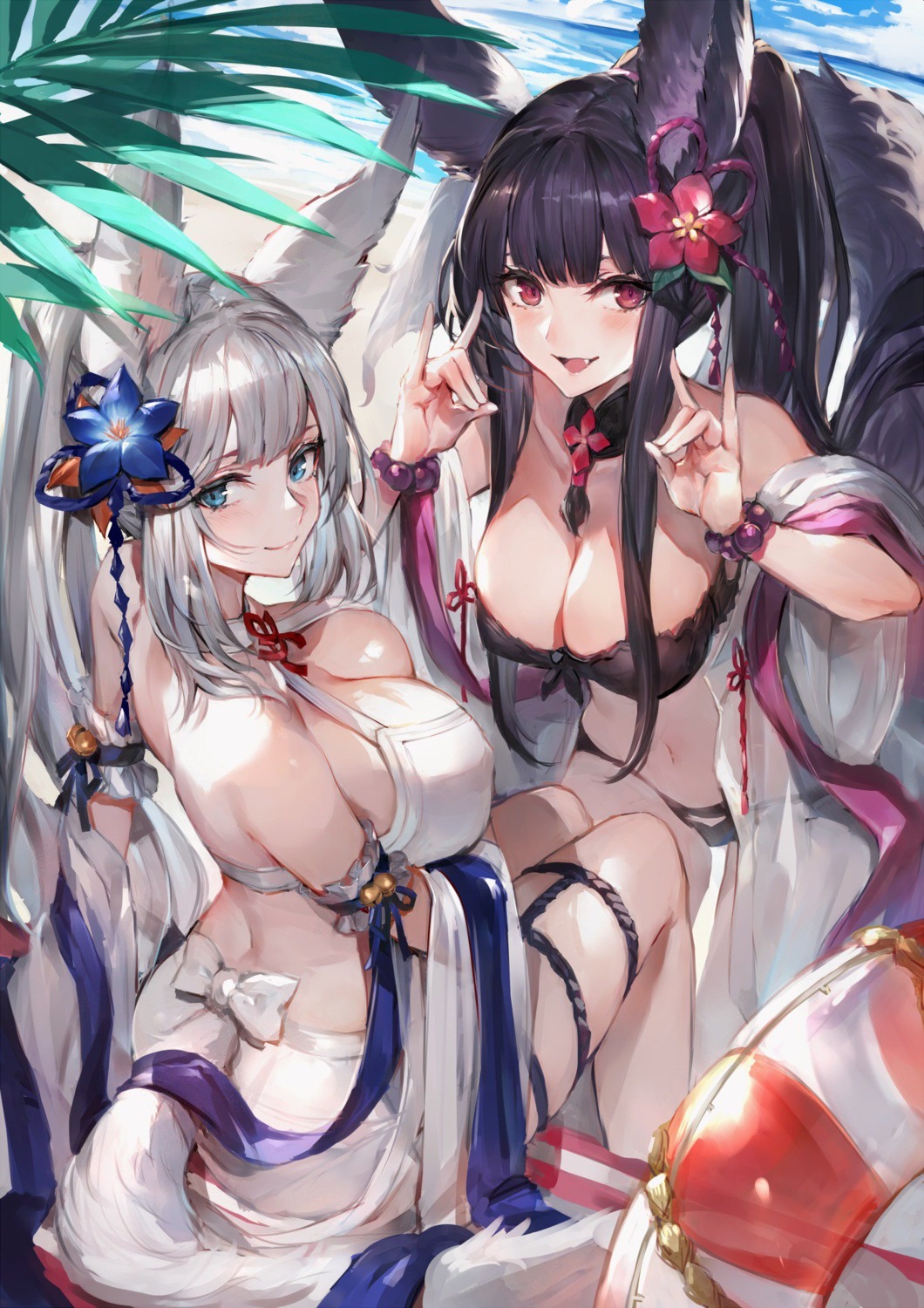 animal_ears ass bikini breast_hold cleavage erect_nipples garter granblue_fantasy korwa open_shirt oyu_(sijimisizimi) see_through socie_(granblue_fantasy) swimsuits tail yuel_(granblue_fantasy)