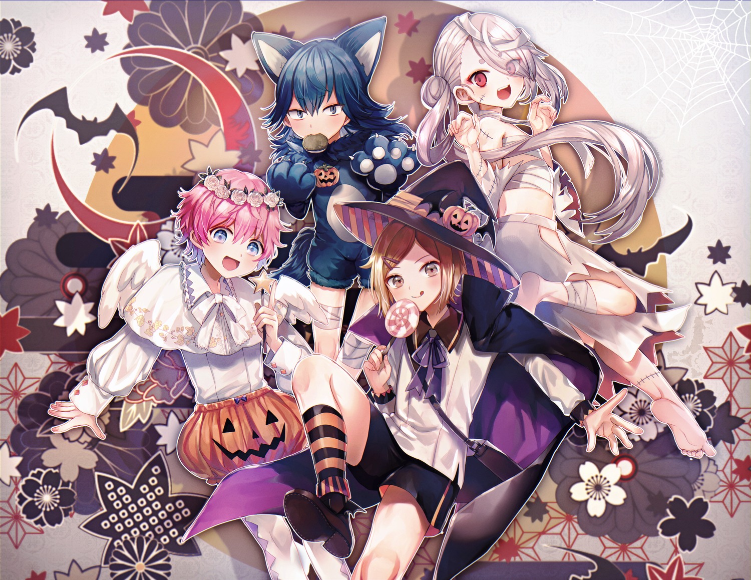 abandon_ranka akita_toushirou animal_ears bandages halloween heels houchou_toshirou ima-no-tsurugi sarashi sayo_samonji tail torn_clothes touken_ranbu wings witch