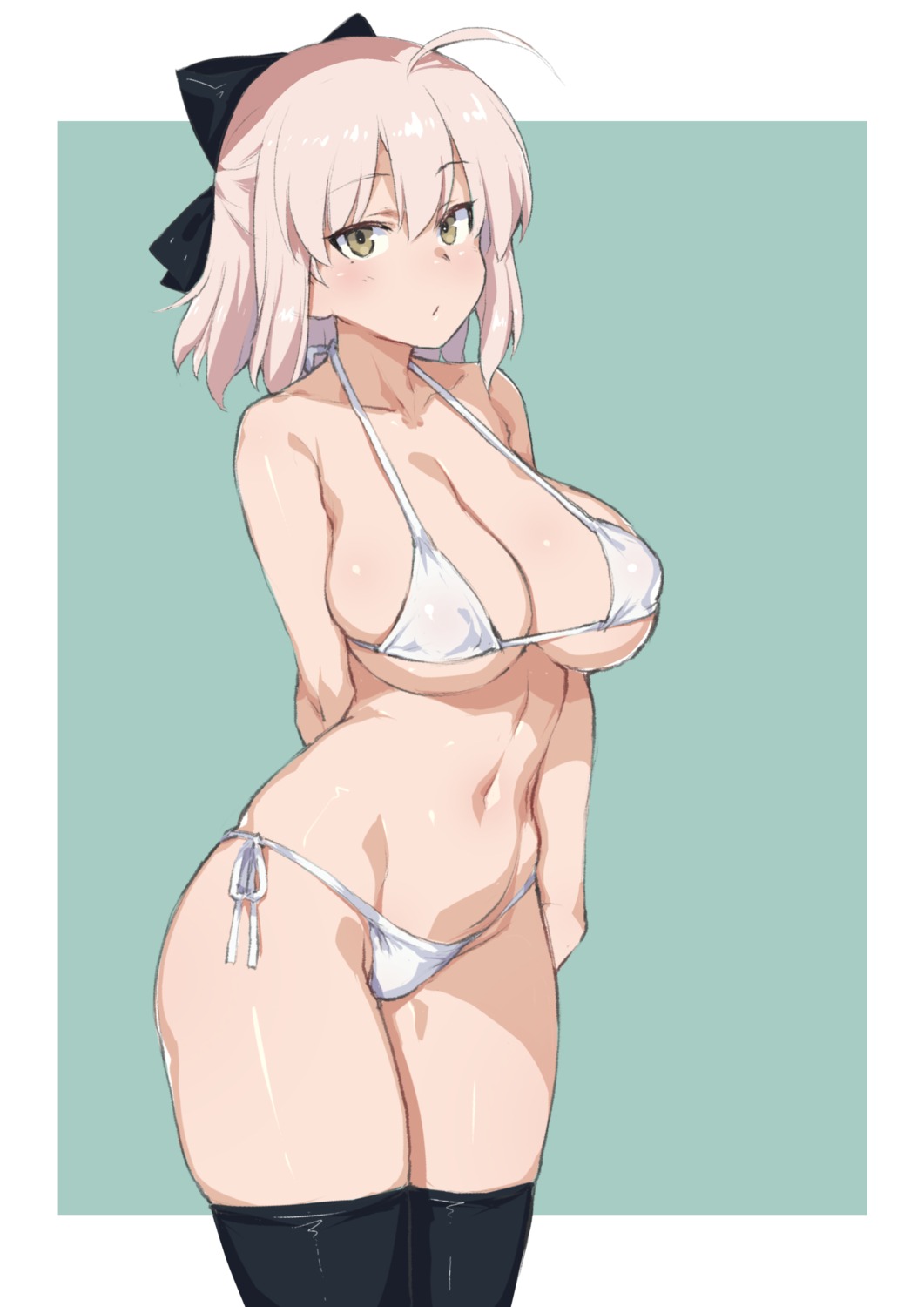 bikini cleavage erect_nipples fate/grand_order okita_souji_(fate) swimsuits thighhighs try