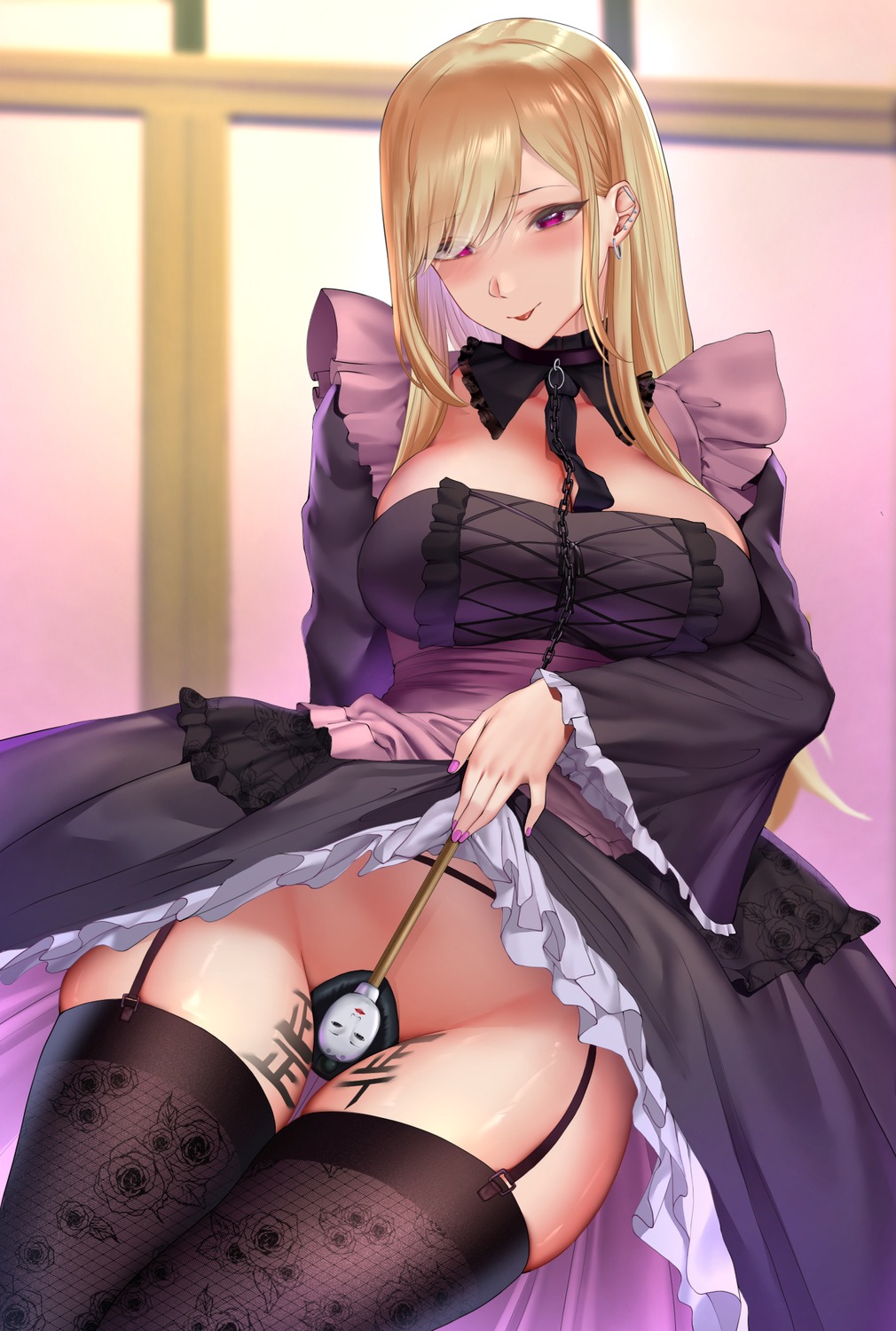 cleavage fishnets garter_belt gothic_lolita kariza kitagawa_marin kuroe_shizuku lolita_fashion nopan skirt_lift sono_bisque_doll_wa_koi_wo_suru stockings thighhighs