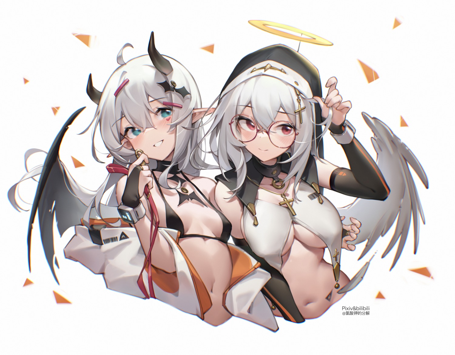 angel bilibili_xiaolu bra devil horns megane no_bra nun open_shirt pointy_ears underboob wings