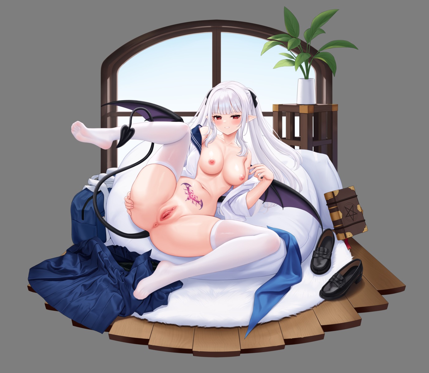 allenes anus bottomless breasts devil nipples no_bra open_shirt pointy_ears pussy seifuku tail tattoo thighhighs transparent_png uncensored wings