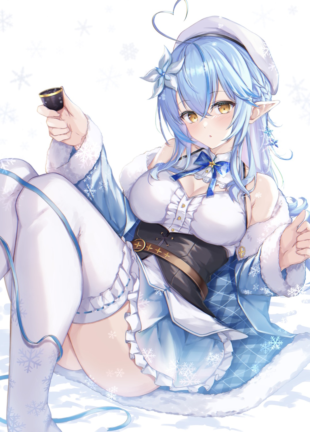 cleavage elf fuchi_(0616tk) hololive pointy_ears skirt_lift thighhighs yukihana_lamy