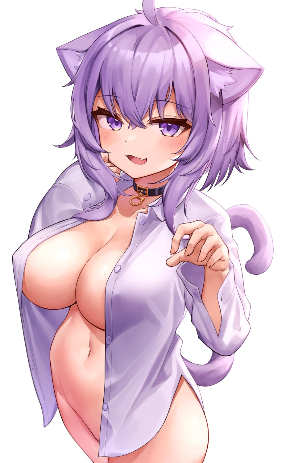 animal_ears bottomless deaver dress_shirt erect_nipples hololive hololive_gamers nekomata_okayu nekomimi no_bra open_shirt tail