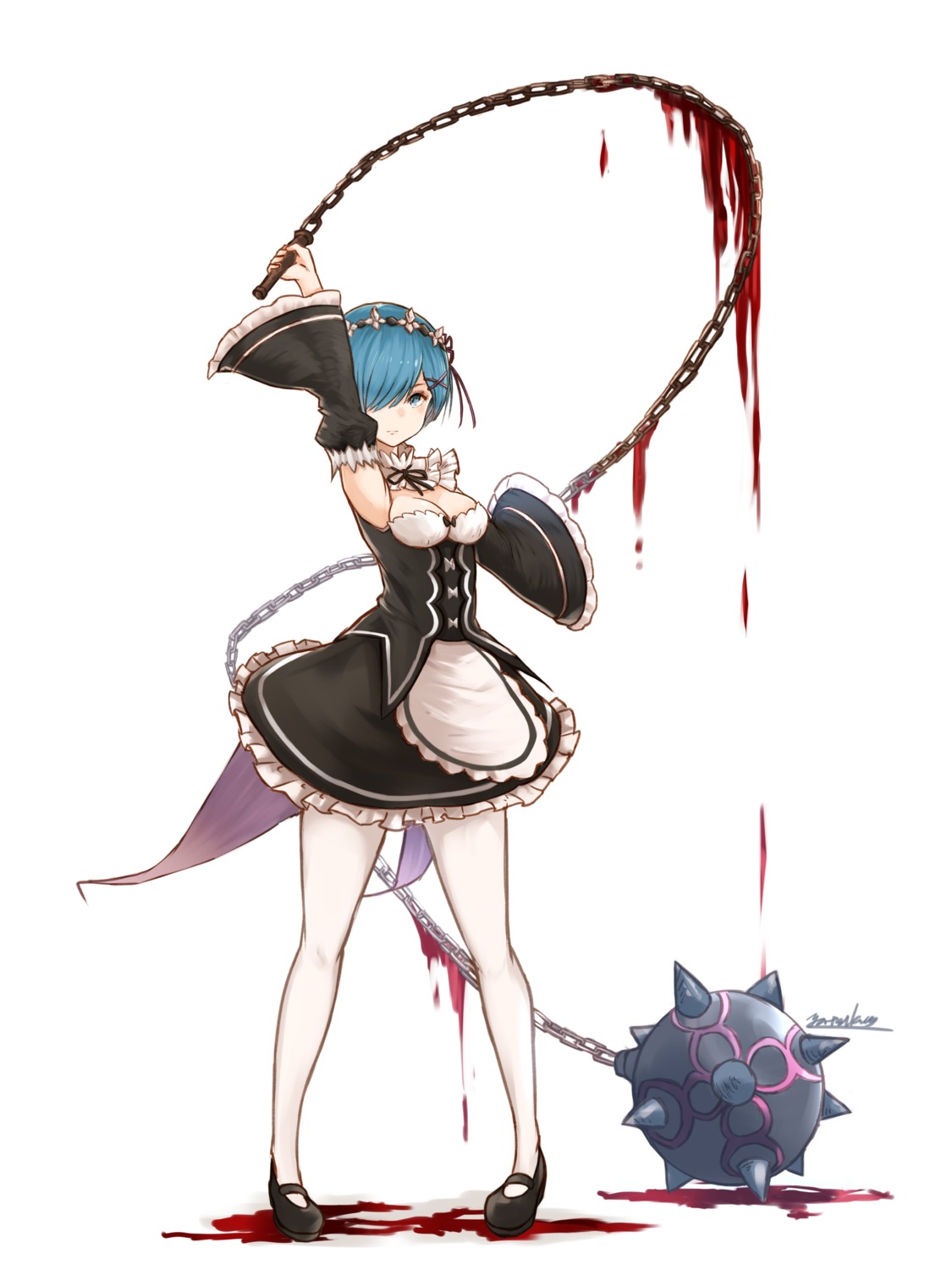 blood cleavage maid pantyhose re_zero_kara_hajimeru_isekai_seikatsu rem_(re_zero) weapon yatsuka_(846)