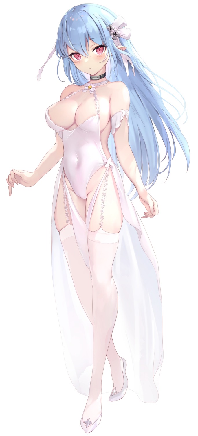 elf haishiki leotard no_bra pointy_ears stockings thighhighs