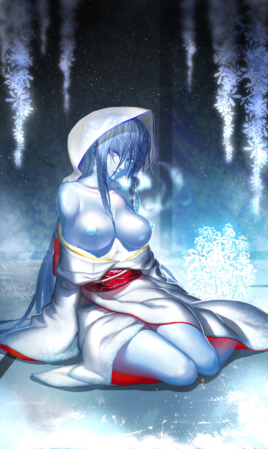 breasts kimono nipples no_bra okatu_(artist) open_shirt