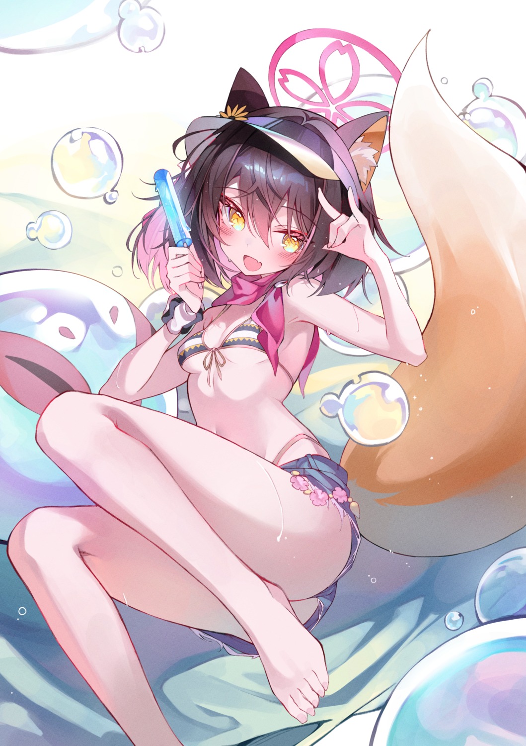 animal_ears bikini blue_archive feet halo kitsune kuda_izuna swimsuits tail verslll wet