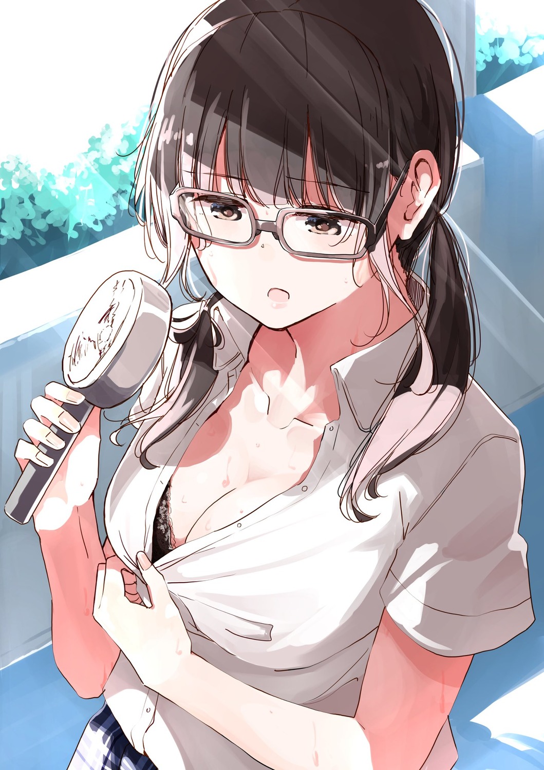 bra cleavage megane nyoi_jizai open_shirt see_through seifuku