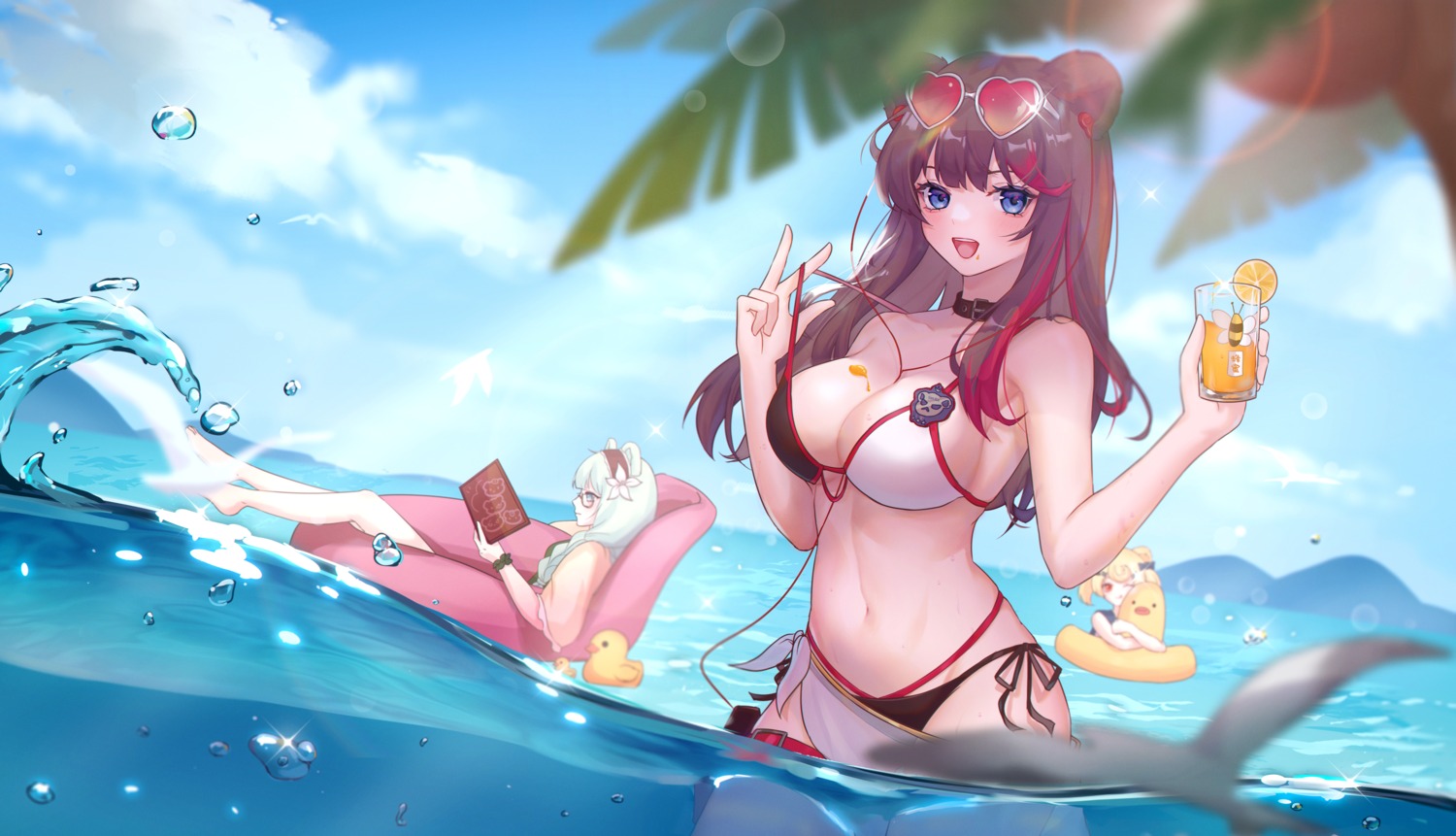 animal_ears arknights bikini garter gummy_(arknights) istina_(arknights) megane sanle swimsuits undressing wet zima_(arknights)